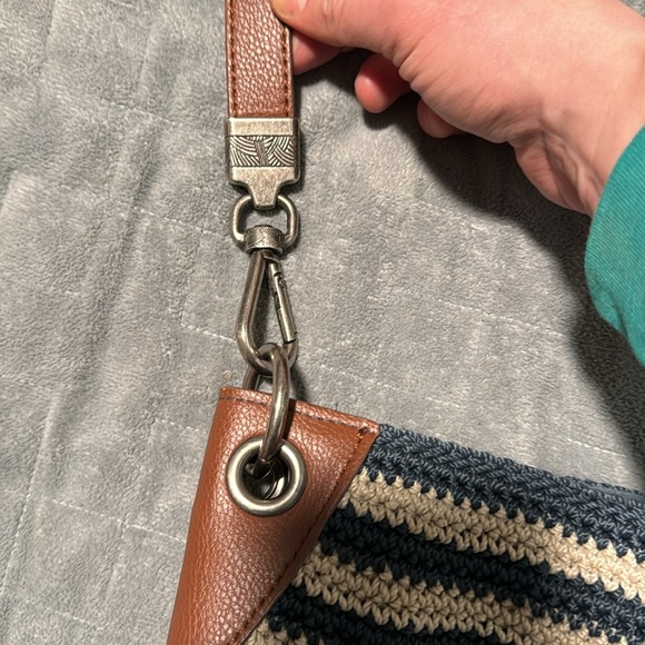 The Sak Crochet Purse, Navy Blue, White Striped, Brown, Zipper, Shoulder, Boho - Picture 4 of 11